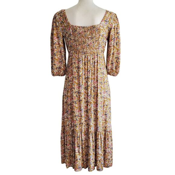 SO Cabin Fever Mustard Multi Floral Midi Dress Tiered Ruffle Hem Cottagecore M - Picture 2 of 16